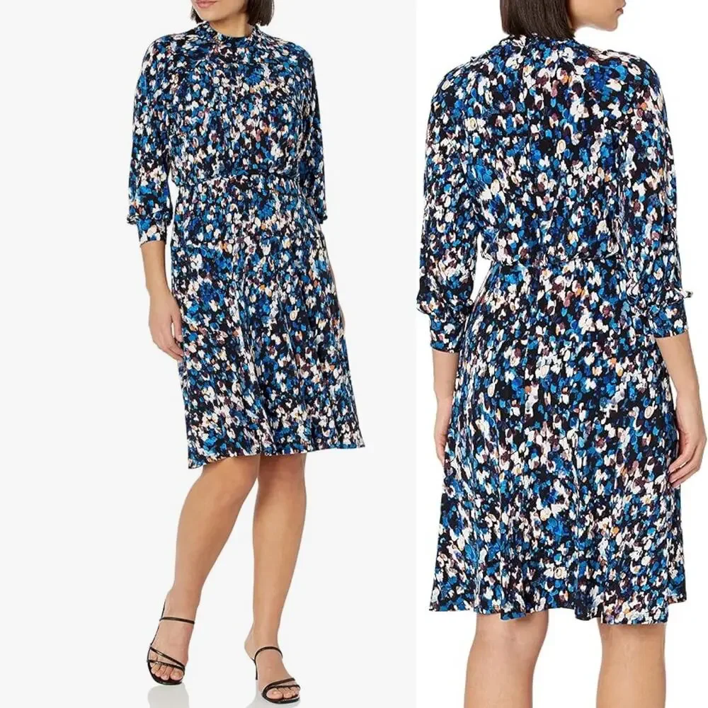 Maggy London | Dresses | Maggy London Raglan Long Sleeve Crew Neck Blue  Speckled Print Blouson Midi Dress | Poshmark